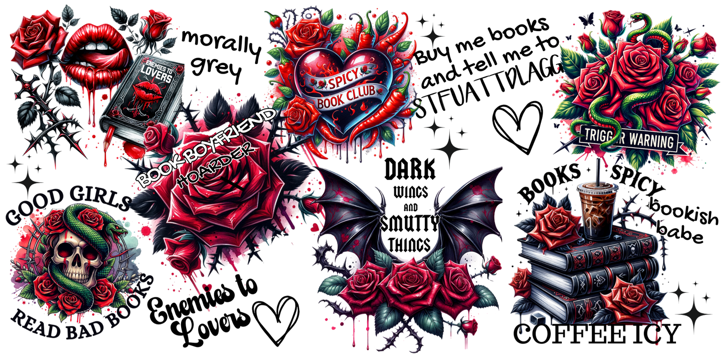 Tattoo-style design with roses, books, and text on a white background