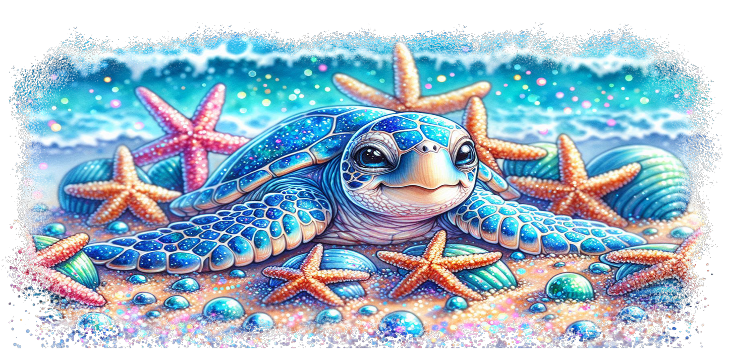 Colorful illustration of a turtle surrounded by starfish and bubbles on a blue background