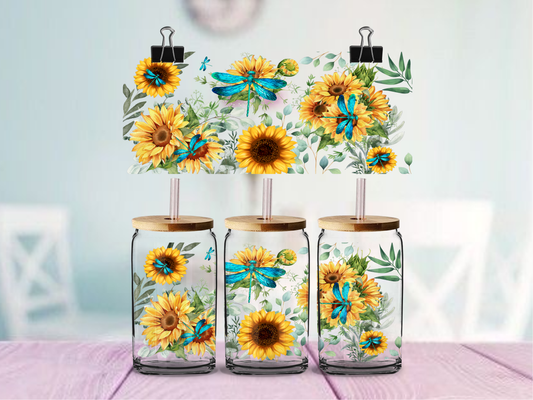 Dragonfly & Sunflowers | UV DTF Wrap for Cups | Ready to Apply Permanent