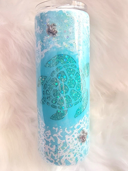 Sea Turtle 3D Glitter Epoxy Tumbler 20oz | Ocean Themed Stainless Steel Cup