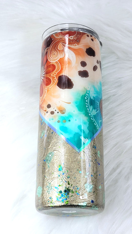 Golden Teal Floral Tumbler 20oz | Elegant Insulated Travel Cup