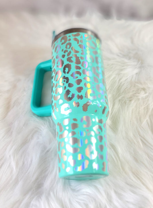 40oz Teal Leopard Engraved Tumbler | Stainless Steel Travel Cup