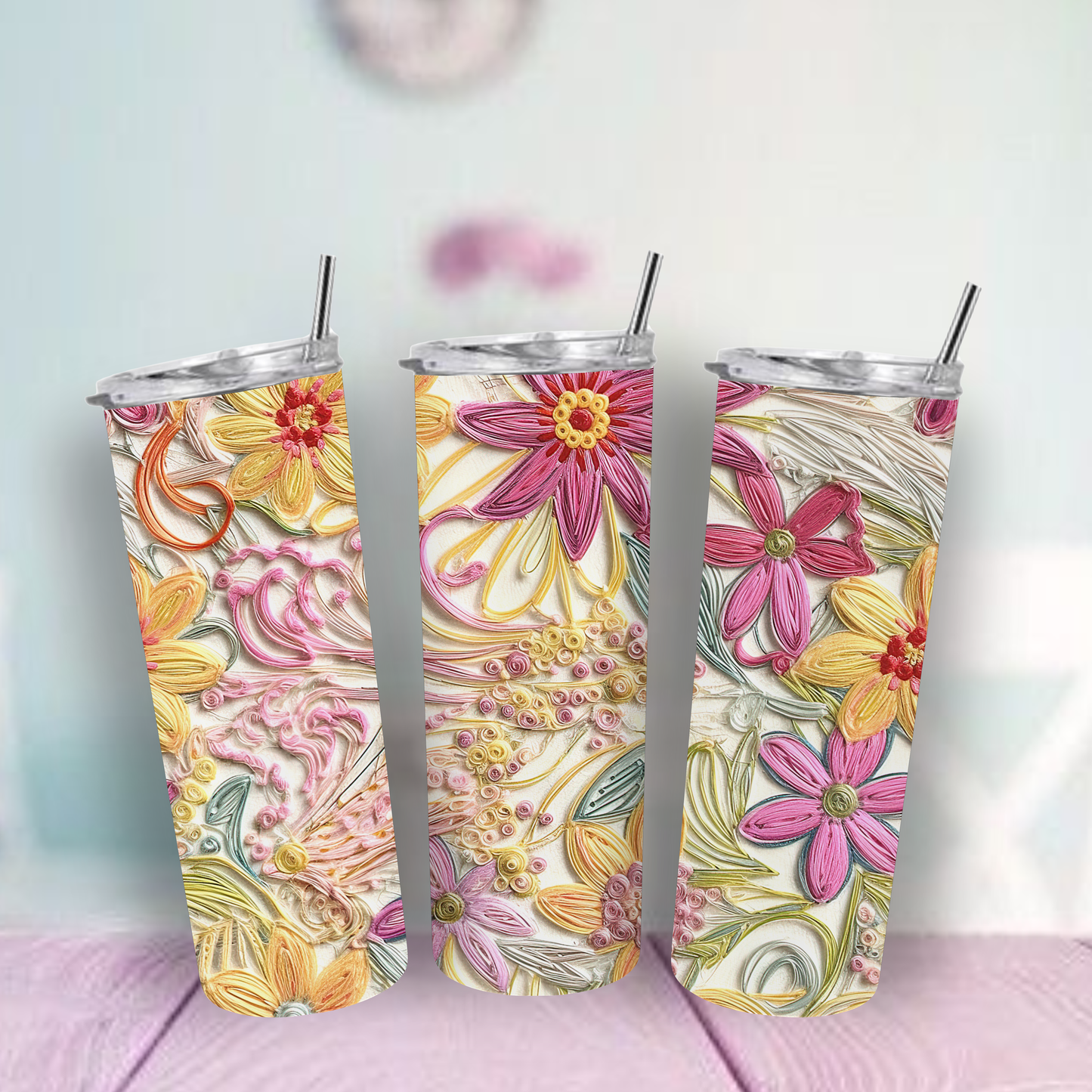 Floral Stitched 20oz Tumbler | Colorful Insulated Stainless Steel Cup