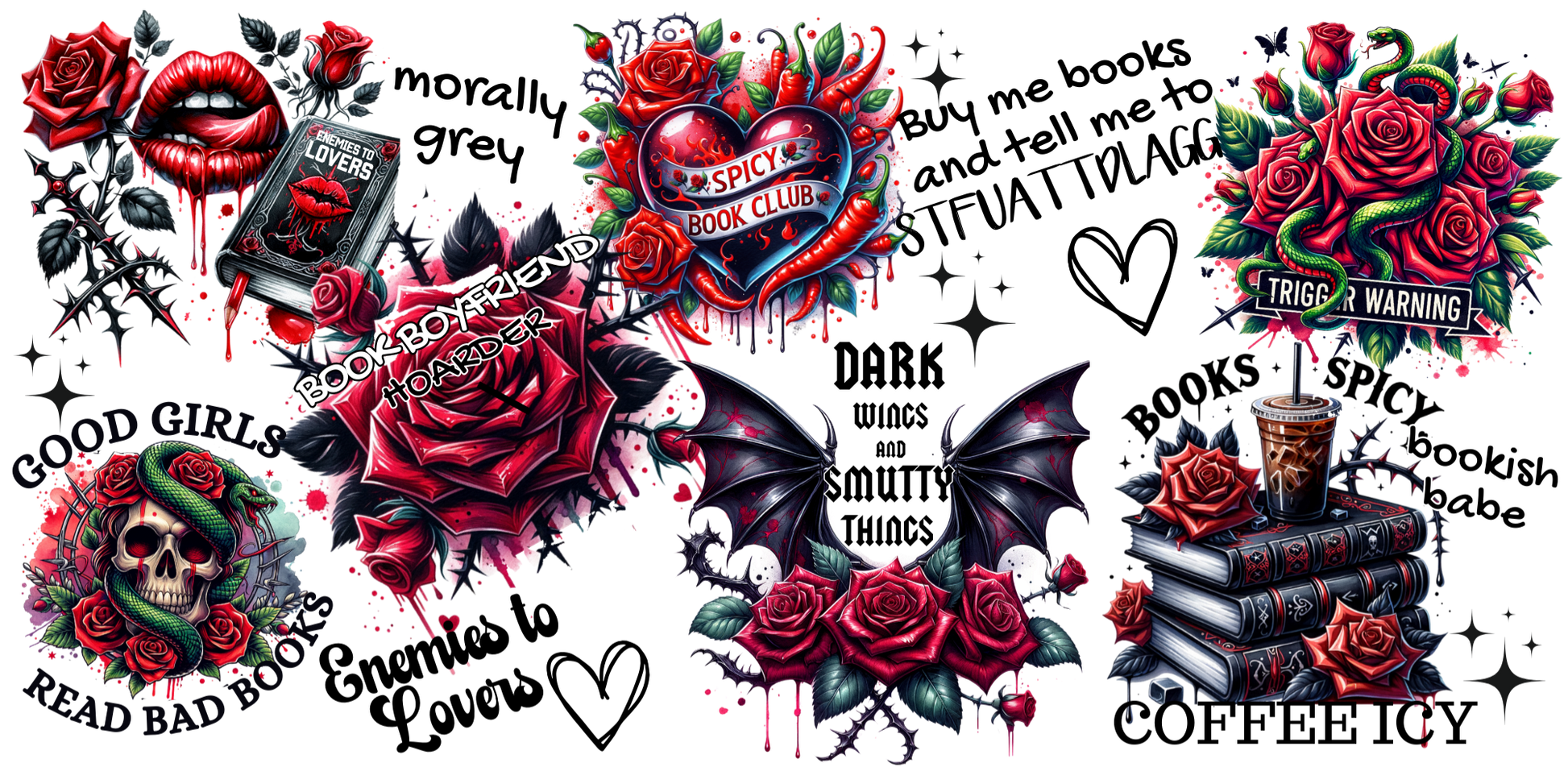 Tattoo-style design with roses, books, and text on a white background