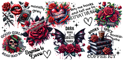 Tattoo-style design with roses, books, and text on a white background