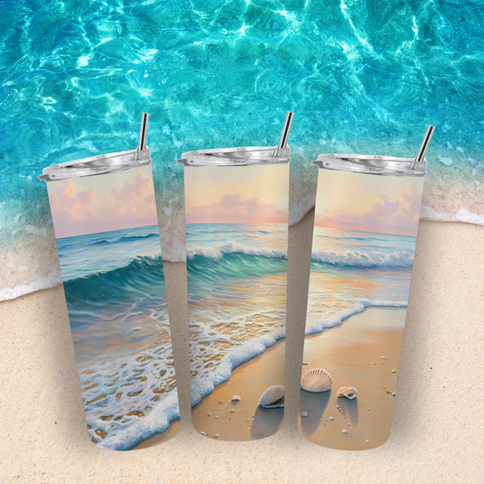 Tumbler beach-themed designs on a sandy background