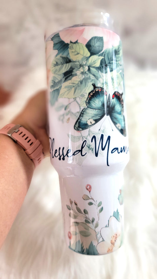 40oz Blessed Mama Tumbler | Floral Sublimation Stainless Steel Travel Cup