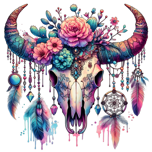 Boho Cow Skull UV DTF Decal| Waterproof, Permanent Transfer
