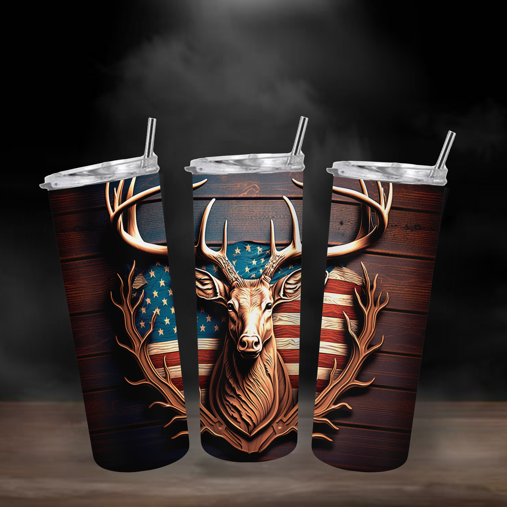 Tumbler with a deer design and American flag on a dark background