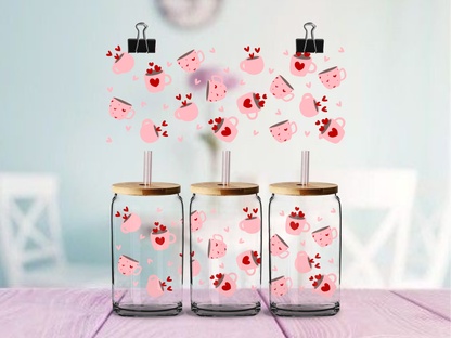  pink heart and tea cup designs on a light background.