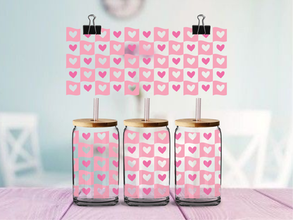 Pink Hearts Checkered | UV DTF Wrap for Cups | Ready to Apply Permanent