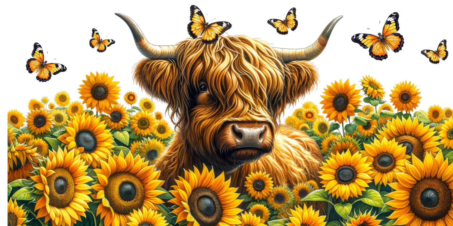 Highland Cow and Sunflowers | UV DTF Wrap for Cups | Ready to Apply Permanent