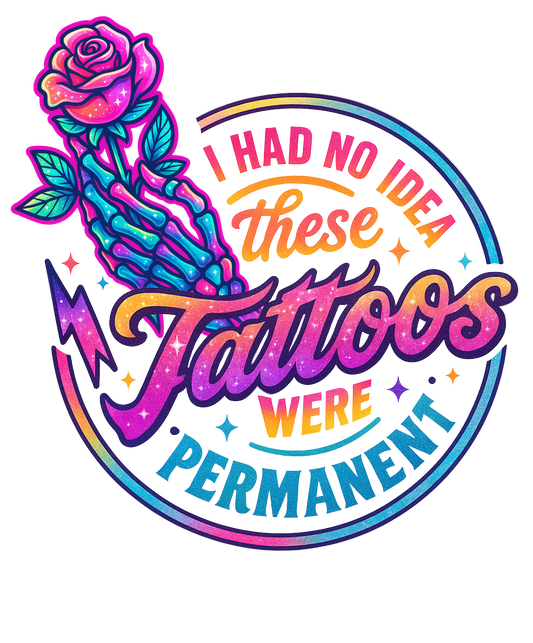 Colorful graphic with skeleton hand, rose, and humorous text on a white background