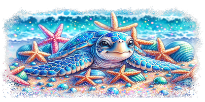 Colorful illustration of a turtle surrounded by starfish and bubbles on a blue background
