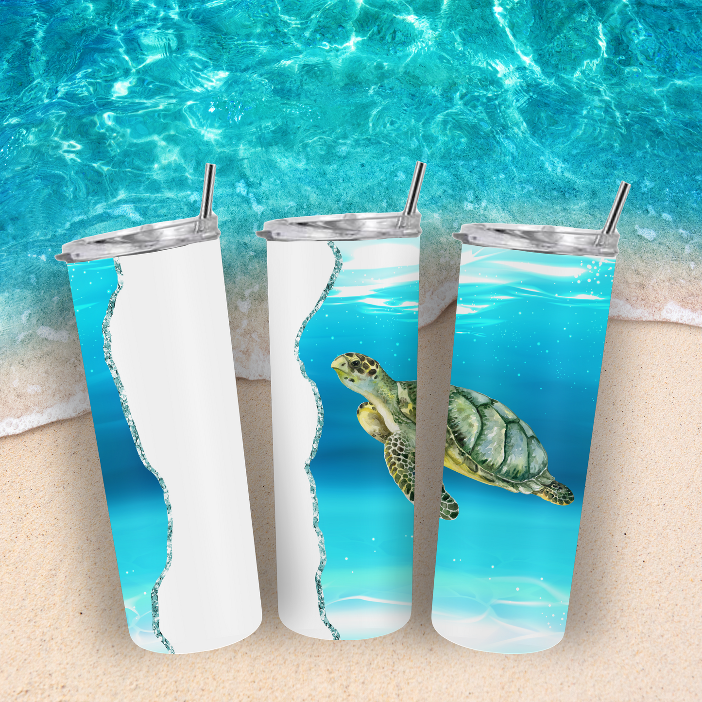 Tumbler with a turtle design on a beach with ocean view.