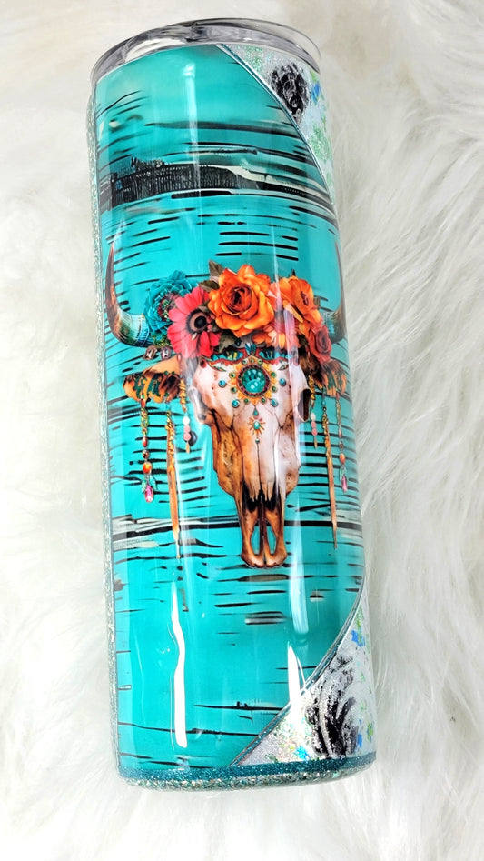 Boho Cow Skull Western Epoxy Tumbler | 20oz Stainless Steel Epoxy Cup