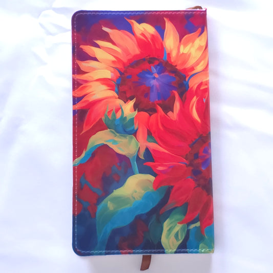 Colorful sunflower-patterned pouch on a white background