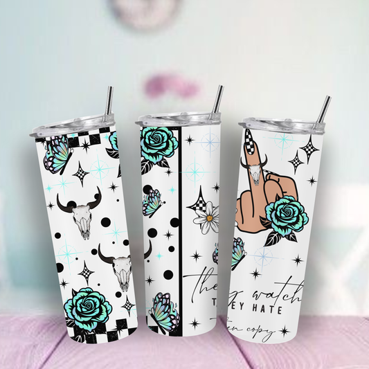 Tumbler with unique design he watch, middle finger white background