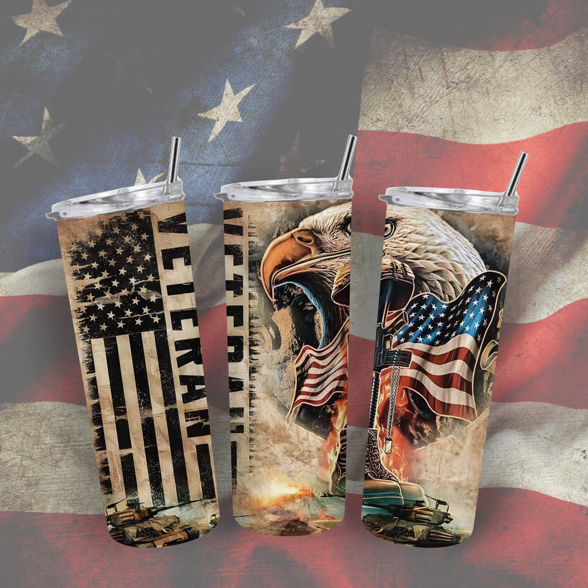 Tumbler with American flag and eagle design on a textured American flag background
